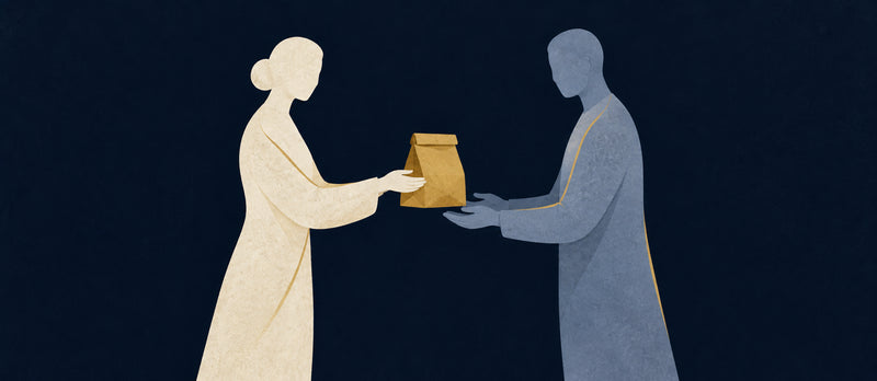 Deux silhouettes se transmettent un sachet de repas, illustration du projet solidaire en préparation.