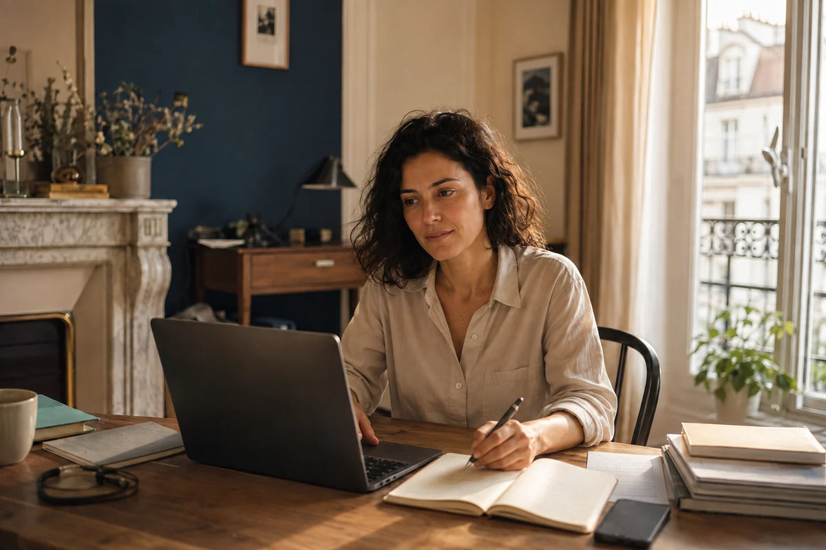 Même femme travaillant avec calme sur une priorité