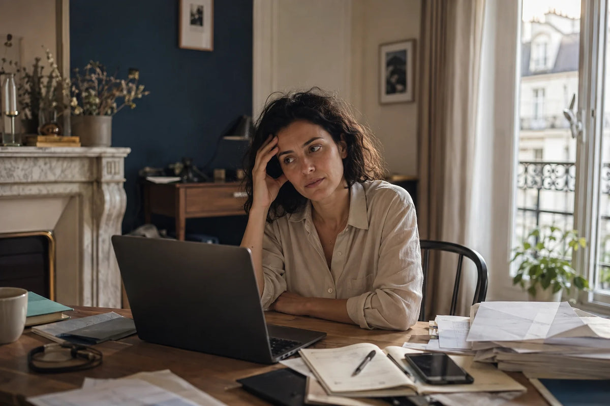 Femme submergée par plusieurs tâches devant son ordinateur