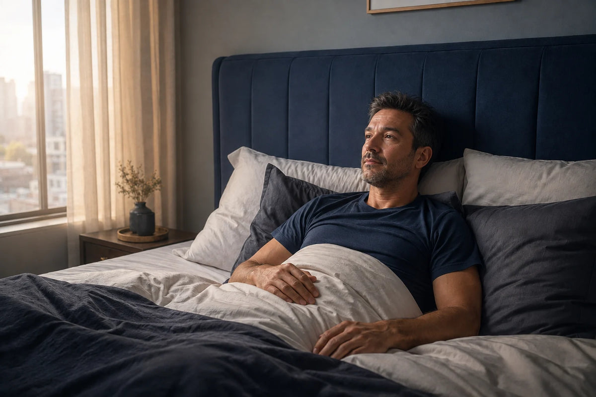 Même homme apaisé dans son lit au lever du jour
